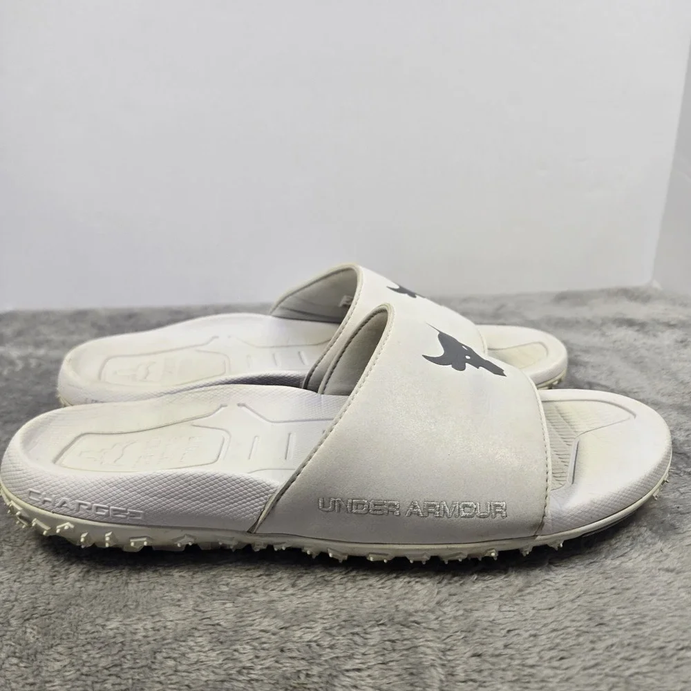 Under Armour Project Rock Slides Mens 10 White Michelin Gripper Sandals 3023761